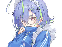 1girl absurdres blue_hair blue_jacket blush brown-framed_eyewear commentary_request glasses green_hair hair_between_eyes highres jacket jersey_maid looking_at_viewer maid maid_headdress mole mole_under_eye multicolored_hair nanashi_inc. open_mouth ougimaneki pink_eyes round_eyewear short_hair simple_background smile solo suzumi_nemo two-tone_hair unconventional_maid upper_body variant_set virtual_youtuber white_background