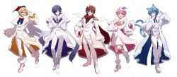 5boys :d :| ;3 absurdres ahoge animal_ears ankle_boots aoto_(doll&#039;s_requiem) arm_at_side bandaged_arm bandages beckoning bell_sleeves black_shirt blonde_hair blue_coat blue_eyes blue_hair blue_hat blue_ribbon boots bow bowtie braid buttons capelet cat_boy cat_ears cat_tail center-flap_bangs center_frills chess_piece_earrings closed_mouth coat cross cross_earrings curtained_hair demon_boy demon_horns demon_tail demon_wings detached_wings doll&#039;s_requiem double-breasted earrings epaulettes facial_mark fang frilled_sleeves frills fringe_trim full_body fumaru_(doll&#039;s_requiem) fur-trimmed_boots fur-trimmed_capelet fur-trimmed_coat fur-trimmed_headwear fur-trimmed_sleeves fur_trim gloves gradient_coat grin hair_ornament hair_over_one_eye half_gloves hand_on_own_chest hand_on_own_chin hand_on_own_hip hands_up hat heterochromia highres horns ito_(doll&#039;s_requiem) jester_cap jewelry kitsunebi_v3kokonn knee_boots lace-up_boots lapels legwear_garter light_blush lineup long_sleeves looking_at_viewer male_focus mini_wings misora_(doll&#039;s_requiem) multiple_boys multiple_tails neck_ribbon nekomata notched_lapels off_shoulder official_art one_eye_closed one_eye_covered open_clothes open_coat open_mouth own_hands_together pants parted_bangs pink_capelet pink_coat pink_hair pointy_ears pom_pom_(clothes) purple_coat purple_eyes purple_hair purple_hat red_bow red_bowtie red_coat red_eyes red_hair red_hat red_scarf ribbon santa_hat scarf shirt shoes short_hair shorts side_braid simple_background single_earring smile socks standing standing_on_one_leg star_(symbol) star_hair_ornament steepled_fingers swept_bangs tail talisman teardrop_facial_mark teeth two-sided_coat two-sided_fabric two-tone_capelet two-tone_hat two_tails uni_(doll&#039;s_requiem) upper_teeth_only v-shaped_eyebrows vest wallet_chain waving white_background white_boots white_capelet white_coat white_gloves white_horns white_pants white_scarf white_shirt white_shoes white_shorts white_socks white_vest white_wings wings yellow_coat yellow_eyes yellow_ribbon