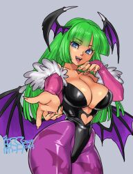 1girl breasts bridal_gauntlets capcom cleavage darkstalkers demon_girl gloves green_eyes green_hair large_breasts leotard long_hair morrigan_aensland open_mouth pantyhose smile solo tagme tokisige wings
