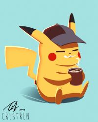 1boy 2019 absurdres aqua_background closed_eyes coffee coffee_mug crestren cup deerstalker detective_pikachu_(character) detective_pikachu_(series) foam_mustache gen_1_pokemon hat highres holding holding_cup mug nintendo pikachu pokemon pokemon_(creature) signature simple_background sitting