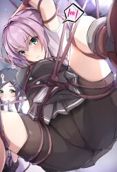 2girls bdsm bike_shorts black_skirt black_vest bondage bound cameltoe collared_shirt dress_shirt giraffe_(ilconte) highres kantai_collection kuroshio_(kancolle) m_legs multiple_girls pleated_skirt ponytail purple_hair rope school_uniform shiranui_(kancolle) shiranui_kai_ni_(kancolle) shirt shorts shorts_under_skirt skirt solo_focus spoken_blush vest white_shirt