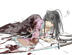1girl black_hair blood blood_on_clothes blood_on_face blood_on_ground blush closed_eyes frills full_body highres hime_cut houraisan_kaguya injury katana long_hair long_sleeves lying on_stomach open_mouth pink_shirt puffy_sleeves red_skirt sesmkun shirt skirt smile solo sword touhou v very_long_hair weapon white_background