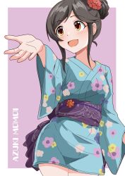 1girl black_hair character_name floral_print floral_print_kimono flower green_kimono hair_bun hair_flower hair_ornament highres idolmaster idolmaster_cinderella_girls illustscody japanese_clothes kimono momoi_azuki open_mouth print_kimono purple_sash red_flower sash short_kimono sidelocks smile swept_bangs wide_sleeves