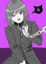 1boy chain collar ear_piercing earrings eyelashes fingernails hand_up jewelry leash limited_palette long_hair long_sleeves looking_at_viewer male_focus open_mouth piercing pink_eyes solo solo_focus the_hundred_line_-last_defense_academy- tsukumo_ima