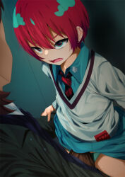 1boy 1girl amate_yuzuriha aqua_eyes aqua_hair aqua_panties aqua_shirt aqua_skirt black_necktie black_shirt brown_hair bulge cardigan clothes_lift collared_shirt erection erection_under_clothes fumihiko_(fu_mihi_ko) gradient_hair green_jacket gundam gundam_gquuuuuux hair_between_eyes highres indoors jacket long_sleeves multicolored_hair necktie open_mouth panties pink_hair purple_pupils red_necktie red_pupils shirt short_hair skirt skirt_lift solo_focus striped_necktie sweat thighs tongue two-tone_necktie underwear white_cardigan white_shirt xavier_olivette