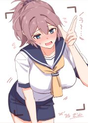 1girl absurdres aoba_(kancolle) blue_scrunchie breasts commentary_request flying_sweatdrops hair_ornament hair_scrunchie highres kantai_collection large_breasts messy_hair neckerchief one-hour_drawing_challenge ponytail purple_sailor_collar purple_shorts sailor_collar salute school_uniform scrunchie serafuku short_hair shorts simple_background solo viewfinder watashitachino_kareshi white_background yellow_neckerchief