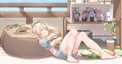&gt;:) &gt;_&lt; ^_^ absurdres animal aqua_shirt aqua_shorts bandaid bandaid_on_leg bare_legs barefoot bean_bag_chair blonde_hair book bookshelf box character_request check_character closed_eyes closed_mouth crate crop_top crossed_bangs cushion feet green_ribbon hair_ribbon hakui_koyori high_ponytail highres hitoderou holding holding_animal hololive holox indoors kazama_iroha la+_darknesss leaf leaf_on_head light_blush matryoshka_doll medium_hair motion_lines picture_frame plant pokobee ponytail potted_plant reclining ribbon rug sakamata_chloe see-through_clothes see-through_sleeves shirt short_sleeves shorts sidelocks smile solo_focus sunlight takane_lui thigh_strap v-shaped_eyebrows virtual_youtuber