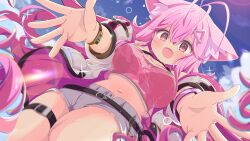 1girl :d absurdres animal_ear_fluff animal_ears antenna_hair belt blue_sky blush bra bracelet breasts cat_ears cat_girl cloud commission crop_top day fang from_below grey_shorts hair_between_eyes hair_ornament hairclip highres jacket jewelry large_breasts lens_flare long_hair looking_at_viewer midriff navel open_clothes open_jacket open_mouth original outdoors outstretched_arms pink_eyes pink_hair reaching reaching_towards_viewer see-through_clothes shiro9jira shirt short_shorts shorts skeb_commission sky smile solo tail thigh_strap two-sided_fabric underwear very_long_hair white_jacket