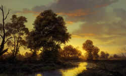 absurdres bare_tree blue_sky branch cloud commentary english_commentary evening forest gradient_sky grass highres krita_(medium) landscape log nature no_humans orange_sky original philipp_urlich reflection reflective_water rock scenery signature sky stream sunlight sunset tree water
