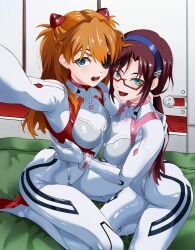 2girls absurdres ass blue_eyes blue_hairband bodysuit breasts brown_hair curvy evangelion:_3.0+1.0_thrice_upon_a_time eyepatch glasses hairband hairpods highres indoors long_hair looking_at_viewer low_twintails makinami_mari_illustrious mecha_pilot_suit medium_breasts multiple_girls neon_genesis_evangelion open_mouth orange_hair outstretched_arm plugsuit_(evangelion) rebuild_of_evangelion red-framed_eyewear selfie shiny_skin souryuu_asuka_langley twintails two_side_up vraxtal white_bodysuit wide_hips