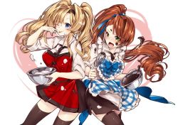 218 2girls ;p apron beatrix_(granblue_fantasy) black_legwear black_skirt blonde_hair blue_apron blue_eyes blush bowl brown_hair chocolate chocolate_on_face closed_mouth collared_shirt commentary_request cream cream_on_face food food_on_face granblue_fantasy green_eyes heart holding holding_bowl long_hair mixing_bowl multiple_girls nose_blush one_eye_closed plaid_apron plaid_clothes red_apron shirt side_ponytail skirt sleeves_rolled_up smile thighhighs tongue tongue_out twintails very_long_hair white_background white_shirt zeta_(granblue_fantasy)