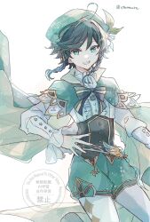 1boy :d aqua_eyes artist_name beret black_bow black_bowtie black_hair blue_hair bow bowtie braid brooch brown_corset buttons cape center_frills collared_cape commentary_request corset feathers flower frilled_sleeves frills genshin_impact gradient_hair green_cape green_hat green_shorts hair_flower hair_ornament hand_on_own_hip hat highres jewelry long_sleeves looking_at_viewer male_focus medium_hair multicolored_hair open_mouth ottottouta pantyhose puffy_shorts shirt short_shorts shorts side_braids simple_background smile solo twin_braids twitter_username two-sided_cape two-sided_fabric venti_(genshin_impact) vision_(genshin_impact) watermark white_background white_flower white_pantyhose white_shirt yellow_cape