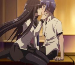 1boy 1girl black_legwear blue_hair closed_eyes couple hetero kampfer kiss long_hair sangou_shizuku school_uniform screencap senou_natsuru skirt tagme