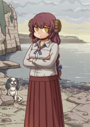 1girl ammonite_hair_ornament animal beach blue_bow blue_cross_tie bow braid breasts brown_hair closed_mouth cloud cloudy_sky collared_shirt cross_tie crossed_arms dog fate/grand_order fate_(series) feet_out_of_frame frown game_cg grey_shirt hair_bow long_hair long_skirt long_sleeves looking_at_viewer mary_anning_(fate) mary_anning_(first_ascension)_(fate) medium_breasts ocean official_art pleated_skirt red_skirt riyo_(lyomsnpmp) shirt sidelocks single_braid skirt sky sleeve_cuffs slit_pupils solo spaniel_(dog) third-party_source variant_set wing_collar yellow_eyes
