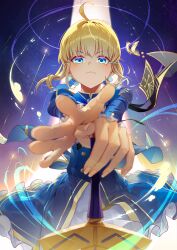 absurdres artoria_pendragon_(fate) blonde_hair blue_dress blue_eyes blush dress fate/stay_night fate_(series) highres holding holding_sword holding_weapon honkai:_star_rail honkai_(series) jelmul looking_at_viewer magic medium_hair saber_(fate) saber_(honkai:_star_rail)_(fate) sword weapon