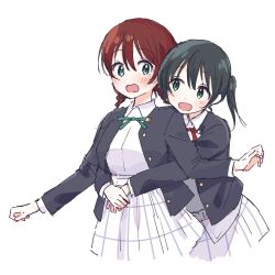 2girls black_hair black_jacket blue_eyes blush braid collared_shirt commentary_request embarrassed emma_verde gradient_hair green_eyes green_hair hair_between_eyes hug hug_from_behind jacket love_live! love_live!_nijigasaki_high_school_idol_club multicolored_hair multiple_girls neck_ribbon nijigasaki_school_uniform open_clothes open_jacket open_mouth plaid_clothes plaid_skirt pleated_skirt red_hair ribbon school_uniform shirt simple_background skirt takasaki_yu twin_braids watanabe_nako white_background