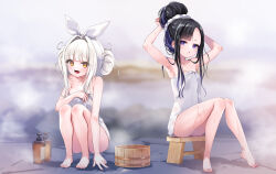 2girls arms_behind_head arms_up black_hair blanc_(nikke) blunt_bangs breasts bucket double_bun eunhwa_(nikke) fummy goddess_of_victory:_nikke hair_bun hair_intakes highres long_hair multiple_girls naked_towel parted_bangs purple_eyes same-sex_bathing shared_bathing sidelocks sitting small_breasts towel towel_on_head wet white_hair wooden_bucket wooden_stool yellow_eyes