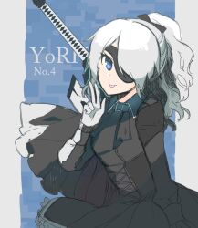 1girl blue_eyes character_request commentary_request copyright_name eyelashes eyepatch gloves long_hair menoko_(tb) nier:automata nier_(series) smile solo tongue tongue_out w weapon weapon_on_back white_gloves white_hair yorha