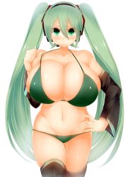 1girl :q aqua_eyes aqua_hair bare_shoulders bikini black_thighhighs blush breasts cleavage detached_sleeves facominn female_focus green_bikini hatsune_miku headset highres huge_breasts long_hair navel simple_background skindentation skirt solo swimsuit thighhighs tongue tongue_out very_long_hair vocaloid white_background