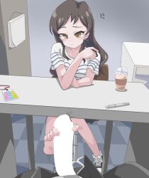 Rule 34 | 1boy, 1girl, absurdres, anger vein, blank censor, brown eyes, brown hair, cellphone, censored, chair, closed mouth, drink, erection, feet, footjob, hetero, highres, holding, holding phone, idolmaster, idolmaster million live!, indoors, kitazawa shiho, long hair, looking down, ohgi910, on chair, pen, penis, phone, pov, pov crotch, shirt, shoes, short sleeves, single bare foot, single shoe, sitting, smartphone, striped clothes, striped shirt, table, toenails, toes