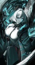 1girl animal aqua_eyes arknights between_breasts black_pantyhose breasts coat dress fang feathered_wings feet_out_of_frame fingerless_gloves forked_tongue gloves grey_hair hair_between_eyes hand_on_own_chest hand_up head_wings highres ho&#039;olheyak_(arknights) infection_monitor_(arknights) large_breasts long_sleeves looking_at_viewer medium_hair open_clothes open_coat pantyhose parted_lips pencil_dress skin_fang smile snake solo sonofr6s strap_between_breasts tongue white_dress white_gloves wings