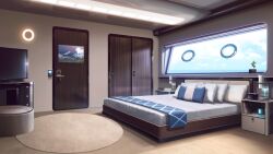bed bedroom carpet ceiling_light cloud cloudy_sky coffee_maker cushion day door drawer highres indoors keypad microwave no_humans non-web_source ocean official_art our_life:_beginnings_and_always photo_(object) pillow rug scenery sky television towel window