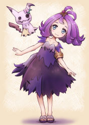 1girl acerola_(pokemon) ahoge armlet blue_eyes blush collarbone creatures_(company) dress flower full_body game_freak gen_7_pokemon hair_ornament hairclip highres jewelry looking_at_another mimikyu nintendo pokemon pokemon_(anime) pokemon_(creature) pokemon_sm_(anime) purple_hair sandals short_hair smile taka_mimizuku
