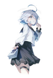 Rule 34 | 1girl, absurdres, ahoge, arm at side, bag, black sailor collar, black skirt, blue hair, blue neckerchief, blush, commentary request, cropped legs, from behind, furina (genshin impact), genshin impact, gift bag, grey eyes, hair intakes, hair over one eye, haru same322, high-waist skirt, highres, holding, holding bag, legs together, long sleeves, multicolored hair, neckerchief, parted lips, pleated skirt, sailor collar, school uniform, serafuku, shirt, shirt overhang, short hair, simple background, skirt, sleeve cuffs, solo, streaked hair, teeth, thigh strap, thighs, white background, white hair, white shirt