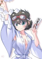 1girl arm_up armpits black_hair breasts cleavage collarbone goggles goggles_on_head green_eyes highres japanese_clothes large_breasts lips looking_at_viewer miko no_bra sengoku_ace sengoku_blade short_hair smile solo togashi_koyori