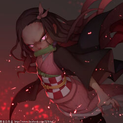 1girl angry black_hair dutch_angle facebook_username gag gagged japanese_clothes kamado_nezuko kimetsu_no_yaiba kimono long_hair looking_at_viewer pink_eyes pink_kimono signature solo watermark web_address zhaoyebai