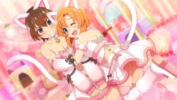 1boy 1girl ;d animal_ears back blue_eyes blurry blush brown_hair cat_ears cat_tail cat_tower couple cushion depth_of_field detached_sleeves dutch_angle embarrassed fake_animal_ears fake_tail fur-trimmed_skirt fur_trim game_cg highres higurashi_no_naku_koro_ni higurashi_no_naku_koro_ni_mei hug indoors leg_up lens_flare looking_at_viewer maebara_keiichi midriff miniskirt non-circular_lens_flare non-web_source official_art one_eye_closed open_mouth orange_hair ryuuguu_rena short_hair skirt smile standing tail thighhighs v_arms white_thighhighs