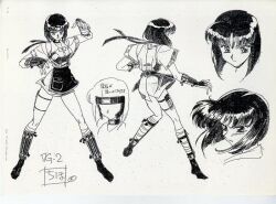 1990s_(style) 1girl bob_cut bracer breasts concept_art female_focus fighting_stance full_body kimura_takahiro lips looking_at_viewer masuda_chiho monochrome multiple_views ninja official_art reference_sheet retro_artstyle scan short_hair simple_background smile translation_request variable_geo waitress wide_hips