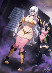 2girls animal_ears animal_hood armor bikini bikini_armor black_hoodie black_thighhighs breasts crescentia_fortuna curvy deathblight fake_animal_ears green_hair high_heels highres hood hood_up hoodie huge_breasts leotard long_hair multiple_girls nail_polish pear-shaped_figure playboy_bunny rabbit_ears skirt strapless strapless_leotard swimsuit thighhighs white_hair