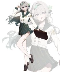 Rule 34 | 13 (jjusan13), 1girl, absurdres, bag, blue pupils, blush, bow, bowtie, brown bag, brown shoes, buttons, double-breasted, firefly (honkai: star rail), firefly (spring missive) (honkai: star rail), gradient hair, green bow, green bowtie, green hairband, green ribbon, green sailor collar, green skirt, green sleeve cuffs, grey hair, hair between eyes, hair intakes, hair ornament, hair ribbon, hairband, highres, holding, holding bag, honkai: star rail, honkai (series), long hair, long sleeves, multicolored eyes, multicolored hair, pleated skirt, ribbon, sailor collar, shoes, simple background, skirt, smile, solo, teeth, thighhighs, upper teeth only, white background, white sleeves, white thighhighs