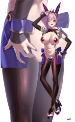 1girl absurdres animal_ears ass blue_eyes blush breasts covered_erect_nipples fake_animal_ears fake_tail fate/grand_order fate_(series) full_body highres kurozawa_yui large_breasts latex latex_legwear long_hair looking_at_viewer maebari meme_attire miyamoto_musashi_(fate) multiple_views nail_polish navel open_mouth pasties pink_hair ponytail rabbit_ears rabbit_tail revealing_clothes reverse_bunnysuit reverse_outfit smile swept_bangs tail thighs wrist_cuffs
