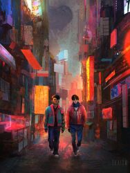Rule 34 | 2boys, balcony, black hair, blue jacket, blurry, character request, curly hair, denim, depth of field, dkaism, full body, hood, hoodie, jacket, jeans, market stall, marvel, multicolored jacket, multiple boys, new york city, night, pants, red hoodie, red jacket, road, shoes, short hair, sign, sneakers, spider-man (series), spider-verse, street, walking