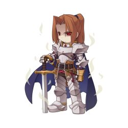 1boy armor armored_boots aura belt bio_lab black_belt blue_cape boots breastplate brown_hair cape chibi chibi_only closed_mouth cross cross_of_prontera full_body gauntlets high_ponytail holding holding_sword holding_weapon knight leg_armor long_hair looking_at_viewer male_focus official_art paladin_(ragnarok_online) parted_bangs pauldrons planted planted_sword planted_weapon ponytail ragnarok_online randel_lawrence red_eyes shaded_face shoulder_armor simple_background solo standing sword transparent_background v-shaped_eyebrows weapon yuichirou