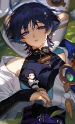 1boy 1girl anemo_symbol_(genshin_impact) aqua_hair aqua_kimono armor armpit_crease artist_name belt black_belt black_bodysuit black_bow black_hair blue_cape blue_trim blunt_ends bodysuit bow bridal_gauntlets bright_pupils cape colored_inner_hair comcom_(comcomhey) covered_collarbone cushion doll eyeliner eyeshadow falling_leaves feathers from_above genshin_impact gold_trim han&#039;eri highres japanese_armor japanese_clothes kimono kote kurokote lap_pillow layered_clothes layered_kimono leaf legs_folded looking_at_viewer lower_teeth_only lumine_(genshin_impact) lying makeup mandarin_collar middle_ring multicolored_hair on_back open_clothes open_hand open_kimono out_of_frame parted_lips pom_pom_(clothes) purple_eyes purple_rope purple_sash red_eyeliner red_eyeshadow rope sash scaramouche_(genshin_impact) shoulder_peek single_bare_shoulder single_off_shoulder skirt sparkle_print star_ornament tassel teeth thick_thighs thighhighs thighs vision_(genshin_impact) wanderer_(genshin_impact) white_kimono white_pupils white_skirt white_sleeves white_thighhighs yellow_feathers zabuton