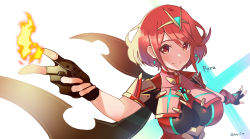1girl black_gloves breasts chest_jewel earrings fingerless_gloves gem gloves headpiece hey_cre highres jewelry large_breasts pyra_(xenoblade) red_eyes red_hair short_hair short_shorts shorts solo swept_bangs tiara xenoblade_chronicles_(series) xenoblade_chronicles_2