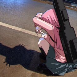 1girl black_shoes bocchi_the_rock! breasts cat_shadow_puppet commentary gotoh_hitori grey_skirt guitar_case inkspirate instrument_case instrument_case_on_back instrument_on_back jacket large_breasts long_hair long_sleeves night outdoors photo-referenced photo_background pink_hair pink_jacket shadow shadow_puppet shoes skirt solo squatting thighs track_jacket twitter_username