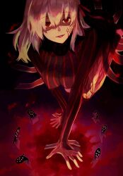 1girl all_fours black_dress breasts commentary_request corruption dark_background dark_sakura dress evil_smile fate/stay_night fate_(series) hair_ribbon heaven&#039;s_feel highres large_breasts long_hair looking_at_viewer matou_sakura nekoyamiyako open_mouth red_background red_eyes red_ribbon ribbon smile white_hair