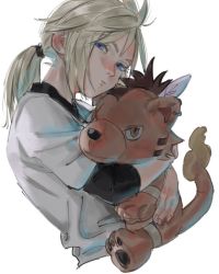 1boy black_shirt blonde_hair blue_eyes cloud_strife final_fantasy final_fantasy_vii final_fantasy_vii_remake layered_shirt oimo_(oimkimn) stuffed_toy ponytail red_fur red_xiii shirt spiked_hair square_enix t-shirt white_background white_shirt