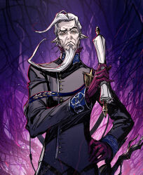 arknights beard cowboy_shot facial_hair fremont_(arknights) gloves holding holding_scroll long_beard long_sleeves looking_at_viewer old pointy_ears purple_gloves ryuuzaki_ichi scroll white_hair