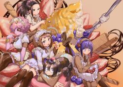 akiyama_youkou antenna_hair apron ashido_mina asui_tsuyu black_hair black_sclera blueberry boku_no_hero_academia brown_hair brown_hairband brown_ribbon brown_thighhighs cinnamon_stick colored_sclera eating food fruit gloves hagakure_toru hairband holding holding_food holding_fruit jiro_kyoka licking licking_finger lolita_hairband long_earlobes lying on_stomach pink_hair purple_hair ribbon shirt short_hair sitting strawberry thighhighs uraraka_ochaco wafer_stick white_apron white_gloves white_shirt wrist_cuffs yaoyorozu_momo