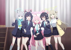 Rule 34 | 5girls, :o, ahoge, animal ear fluff, animal ears, ayane (blue archive), black gloves, black hair, black shoes, black skirt, blonde hair, blue archive, blue eyes, blue halo, blue jacket, blue necktie, blue scarf, bouquet, box, cat ears, cat girl, closed eyes, closed mouth, fingerless gloves, flower, foreclosure task force (blue archive), gloves, green gloves, green halo, grey hair, hair between eyes, hair bun, hair flower, hair ornament, halo, highres, holding, holding bouquet, holding box, hoshino (blue archive), huge ahoge, id card, jacket, kneehighs, long hair, multiple girls, necktie, non-web source, nonomi (blue archive), official art, open mouth, pink flower, pink hair, plaid clothes, plaid skirt, red-framed eyewear, red eyes, red halo, scarf, serika (blue archive), shiroko (blue archive), shirt, shoes, short hair, sidelocks, single glove, single side bun, skirt, smile, socks, standing, standing on one leg, twintails, v, white flower, white shirt, white shoes, white socks, wolf ears, wolf girl, yellow jacket
