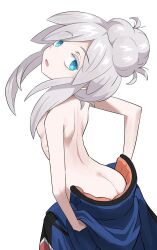 1girl ass blue_eyes butt_crack colored_eyelashes commentary deux_murasame expressionless flat_chest green_eyes grey_hair gundam gundam_gquuuuuux hair_bun halulu highres long_hair looking_at_viewer mobile_suit_gundam purple_pupils simple_background solo updo white_background white_eyelashes white_hair