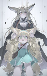 Rule 34 | 2girls, :d, absurdres, animal ear fluff, animal ears, arknights, behind another, black jacket, blonde hair, blue hairband, breasts, cardigan, claw pose, cleavage, commentary, debris, english commentary, fox ears, fox girl, fox tail, frilled hairband, frills, frown, glaring, green eyes, grey background, hair between eyes, hairband, hands up, highres, jacket, kitsune, kyuubi, long hair, long sleeves, looking at viewer, mother and daughter, multiple girls, multiple tails, neck ribbon, official alternate costume, open cardigan, open clothes, open mouth, plabit, red ribbon, ribbon, scar, scar on face, shirt, smile, standing, suzuran (arknights), suzuran (spring praise) (arknights), tail, vulpisfoglia (arknights), white shirt, yellow cardigan