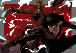 2boys action agl_arms_.45_long_colt black_gloves black_hair black_suit blonde_hair border break-action_revolver coat commentary_request cross_punisher finger_on_trigger fingerless_gloves formal_clothes glasses gloves grey_border gun handgun holding holding_gun holding_weapon karaageoishiina long_coat low_bore_axis_revolver male_focus multicolored_hair multiple_boys nicholas_d._wolfwood opaque_glasses outside_border popped_collar red_background red_coat revolver shirt short_hair smoke smoking_barrel suit sunglasses trigun trigun_maximum two-tone_hair vash_the_stampede weapon white_shirt