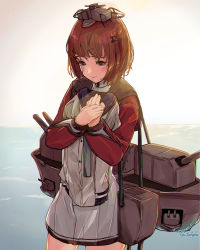Rule 34 | 1girl, blush, brown neckerchief, dress, fuwafuwatoufu, grey sailor collar, headgear, highres, holding, holding unworn clothes, jacket, kantai collection, machinery, neckerchief, original remodel (kantai collection), red shirt, sailor collar, sailor shirt, shirt, smile, solo, tan yang (kancolle), white dress, yukikaze (kancolle)