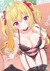 1girl :t absurdres bare_shoulders black_bra black_choker black_panties blonde_hair blurry blush bow bow_panties bra breasts bubble choker cleavage closed_mouth collarbone commission depth_of_field garter_belt garter_straps gyaru hair_between_eyes hair_bow hair_ribbon highres hiiragisensei large_breasts long_hair looking_at_viewer navel no_shoes original panties pixiv_commission pout red_bow red_eyes ribbon scrunchie solo thighhighs twintails two_side_up underwear underwear_only